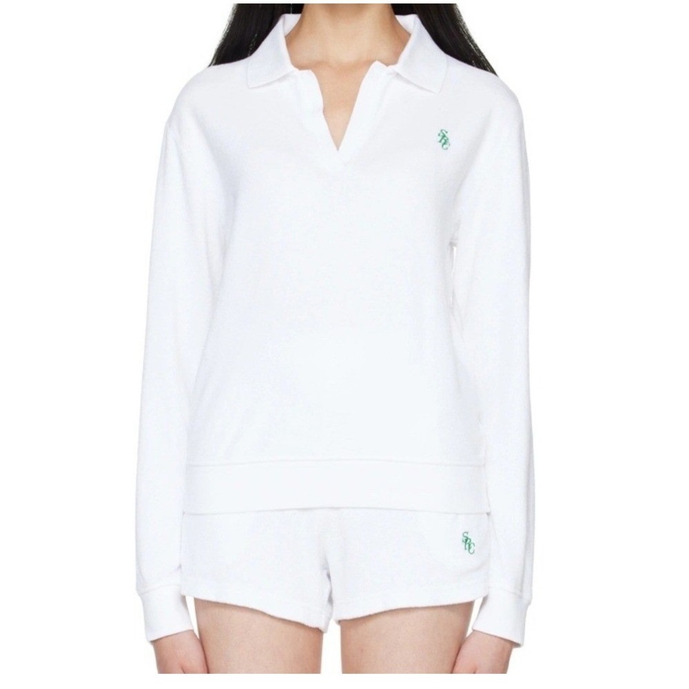 Sporty & Rich Terry Sweatshirt White Polo-Style Pullover Top - M